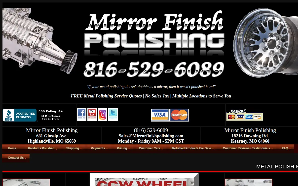 Homepage of Mirror Finish Polishing, LLC