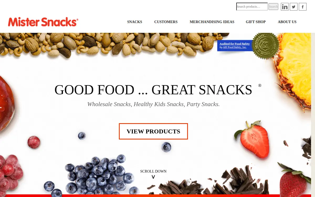 Homepage of Mister Snacks, INC.