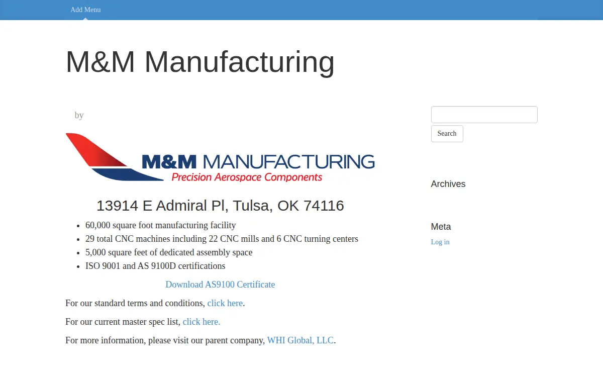 Homepage of M&m Precision Components, LLC