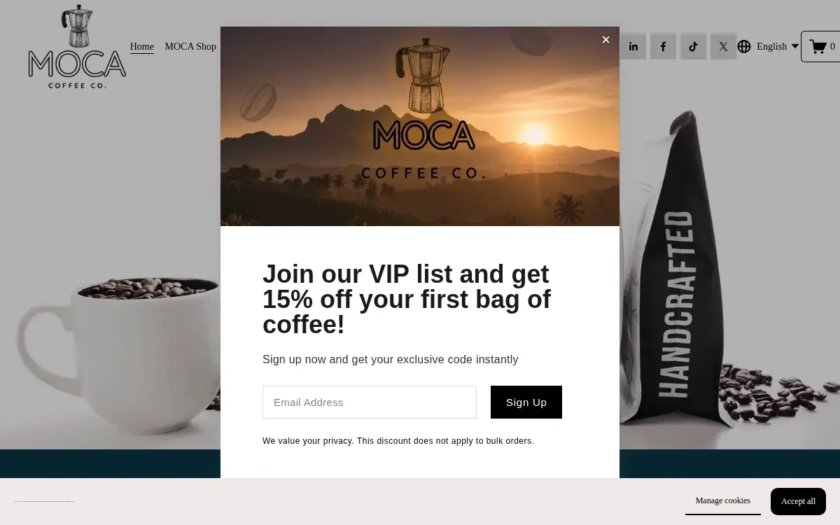 Homepage of Moca Coffee Company LLC