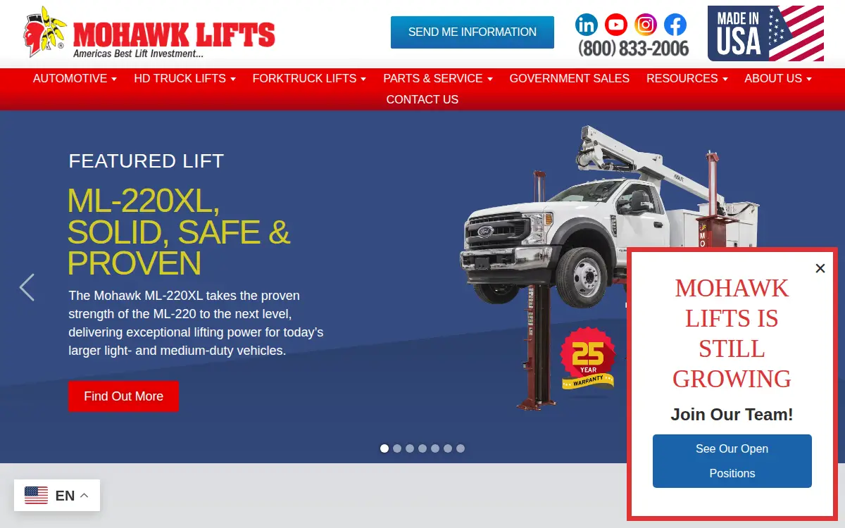 Homepage of Mohawk Lifts LLC