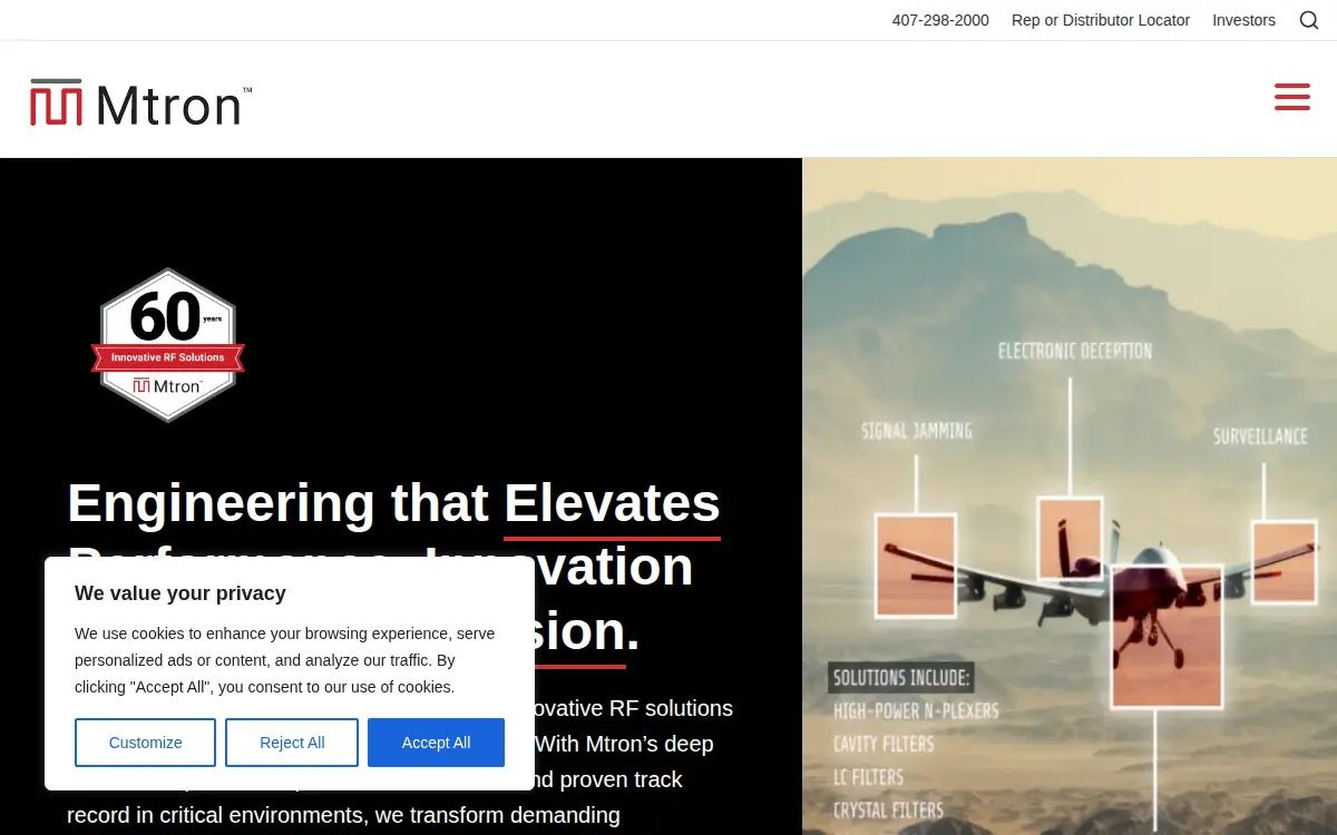 Homepage of M-tron Industries, INC