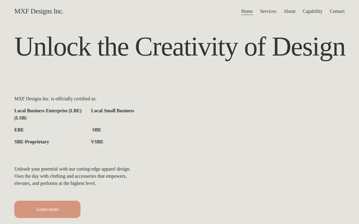 Homepage of M.x.f. Designs, INC