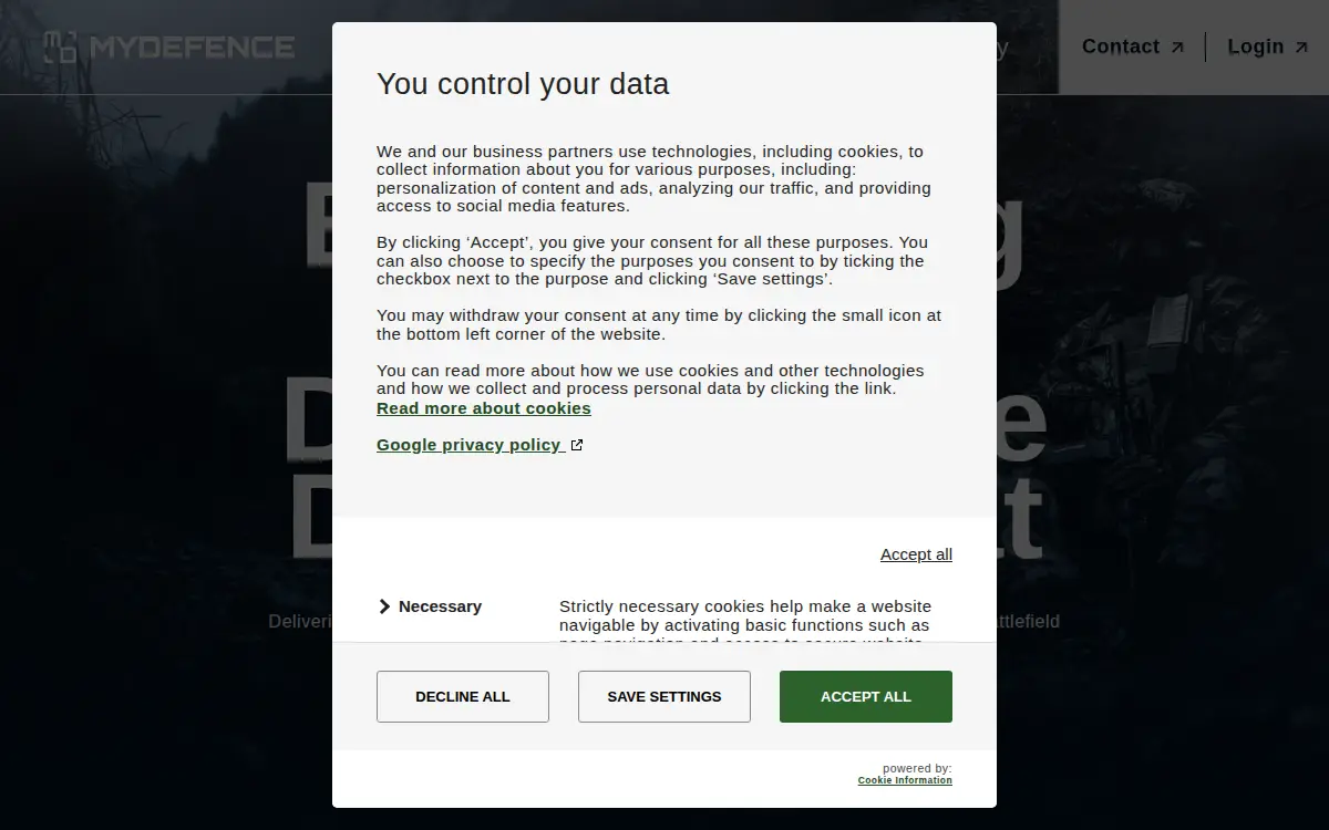 Homepage of Mydefence (north America), LLC