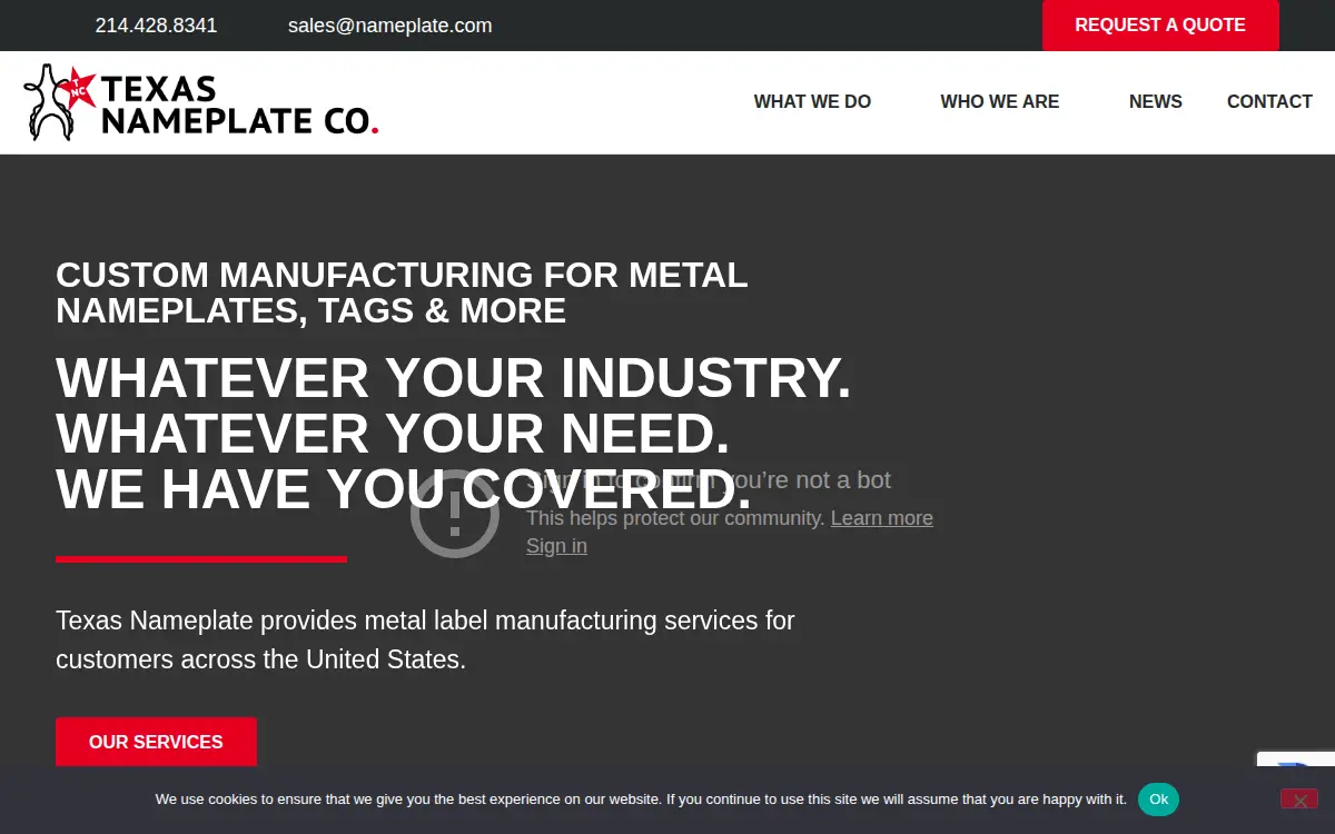Homepage of Texas Nameplate Co, INC