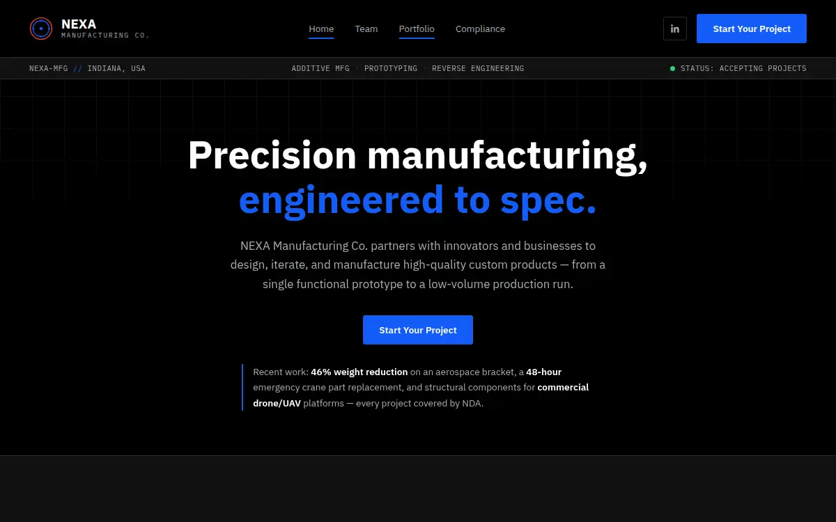 Homepage of Nexa Manufacturing LLC