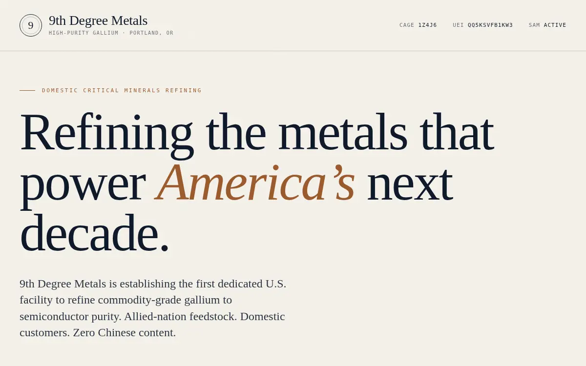 Homepage of 9th Degree Metals LLC
