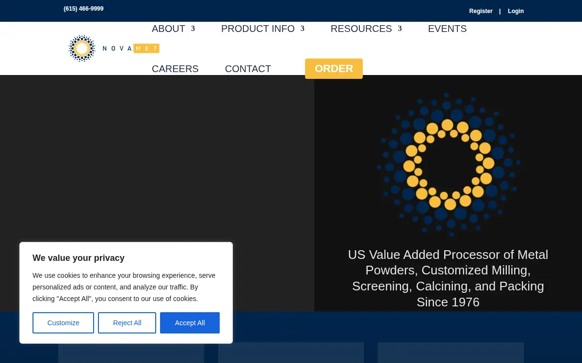 Homepage of Novamet Specialty Products Corporation