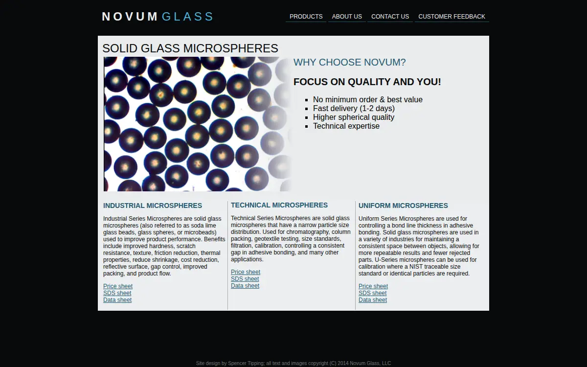 Homepage of Novum Glass LLC