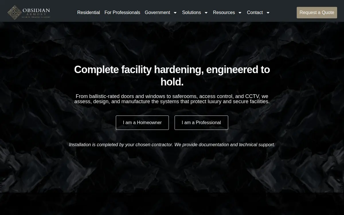 Homepage of Obsidian Armory LLC