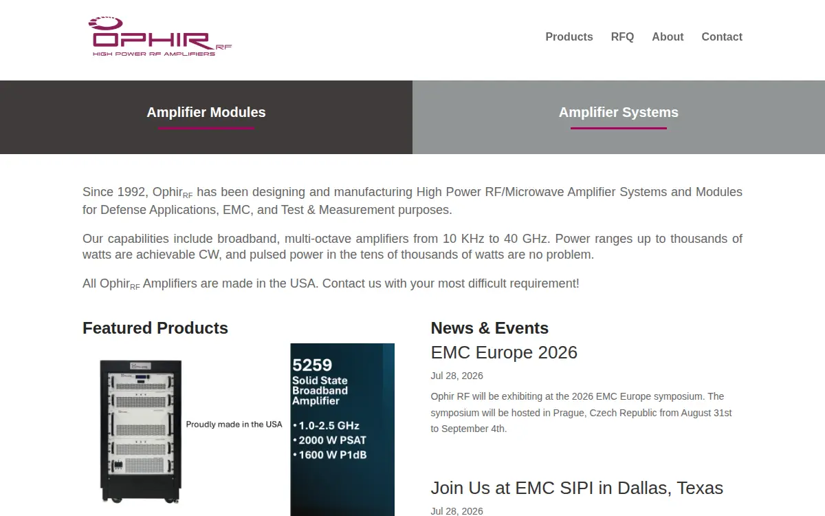 Homepage of Ophir Rf, INC.