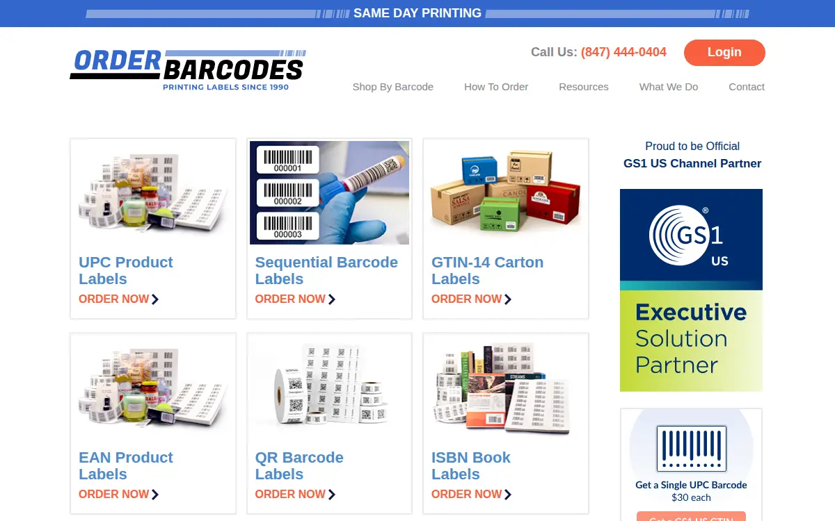 Homepage of Order Barcodes INC