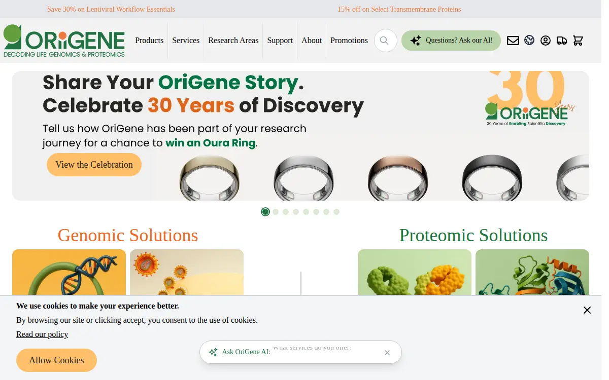 Homepage of Origene Technologies, INC.