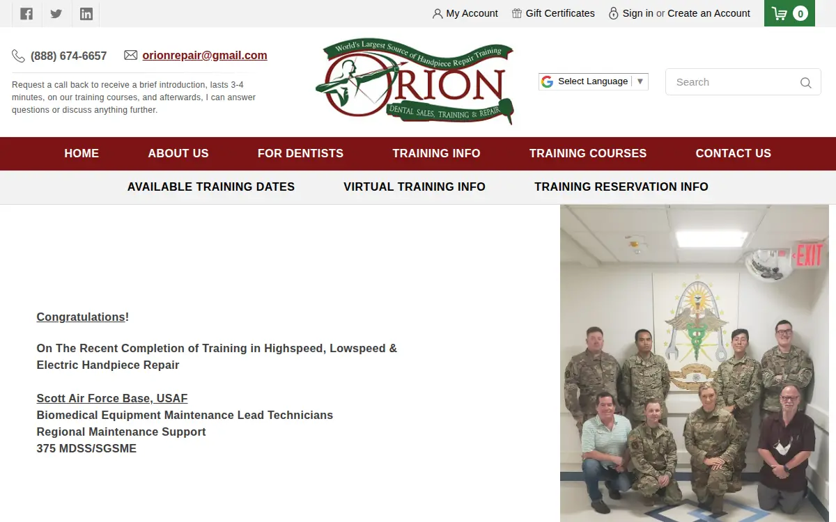 Homepage of Orion Dental Sales, Training & Repair LLC