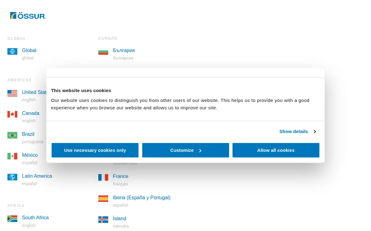 Homepage of Ossur Americas, INC.