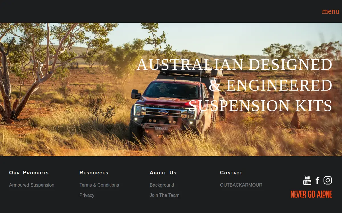 Homepage of Outback Armour (usa) LLC