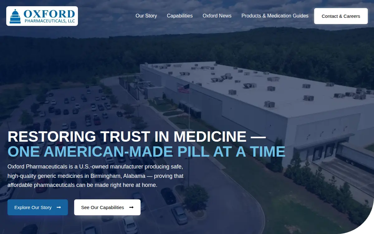 Homepage of Oxford Pharmaceuticals, LLC