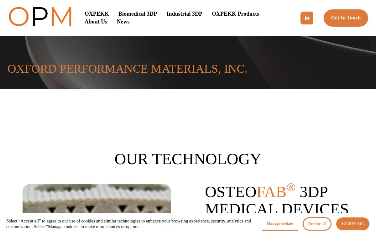 Homepage of Oxford Performance Materials, INC.