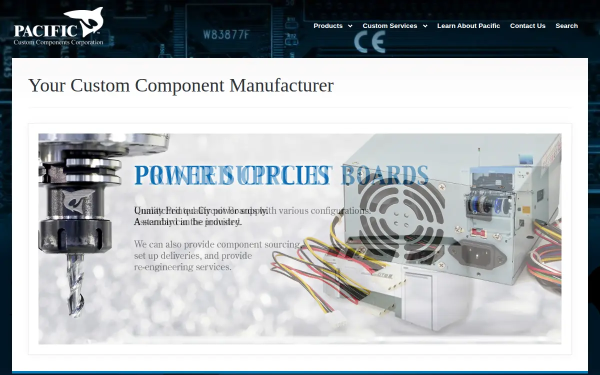 Homepage of Pacific Custom Components Corporation