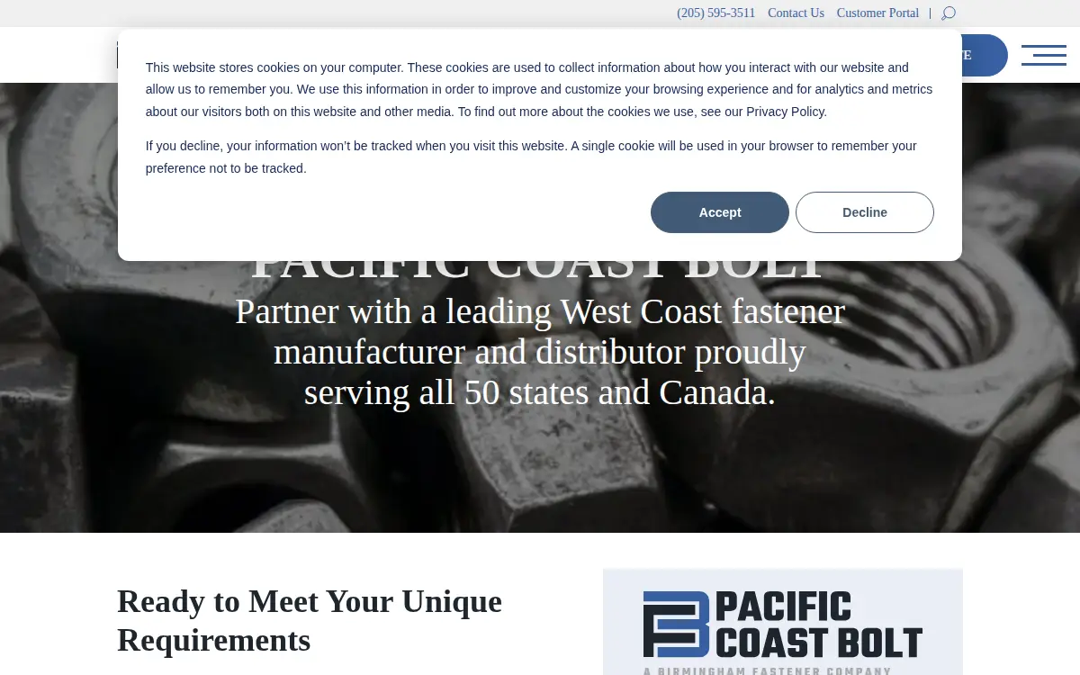 Homepage of Pacific Coast Bolt, LLC