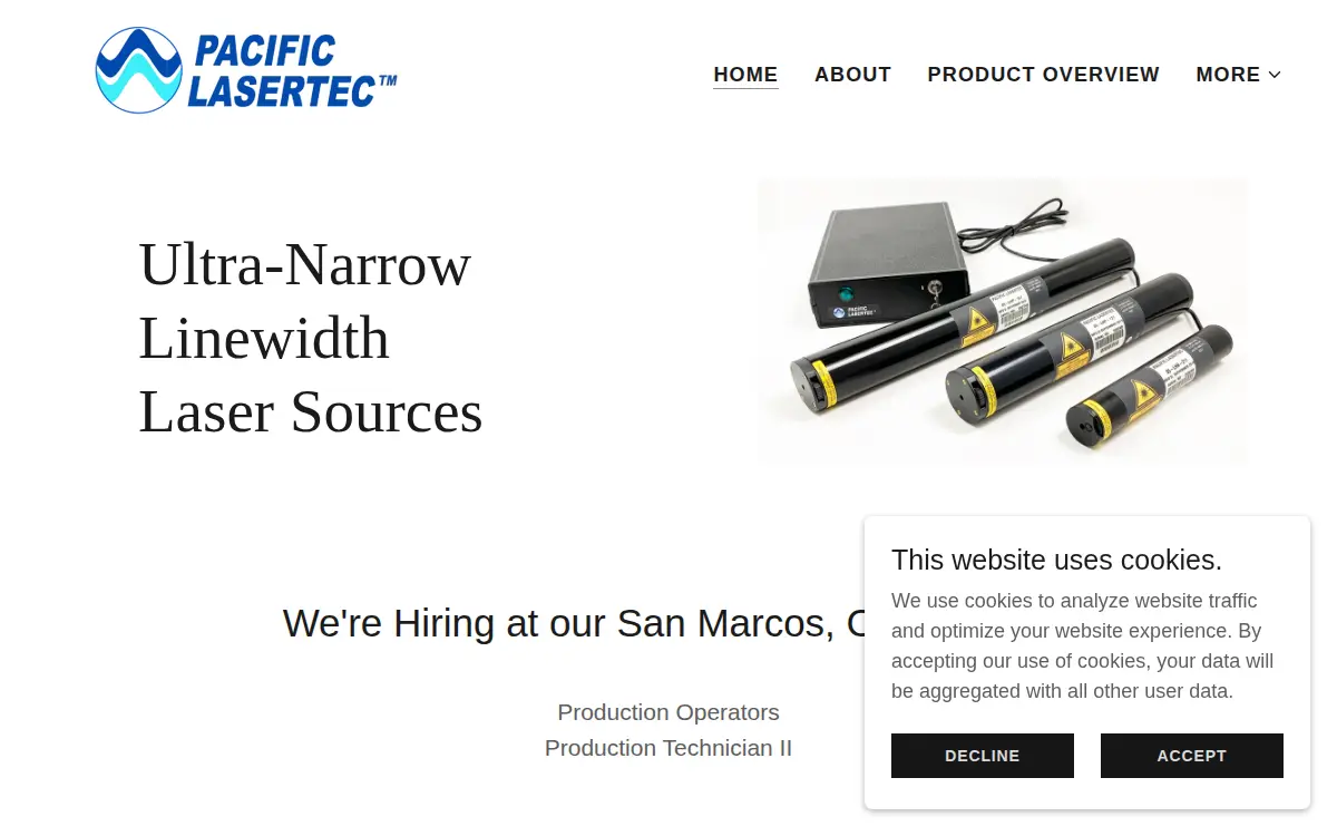 Homepage of Pacific Lasertec, LLC