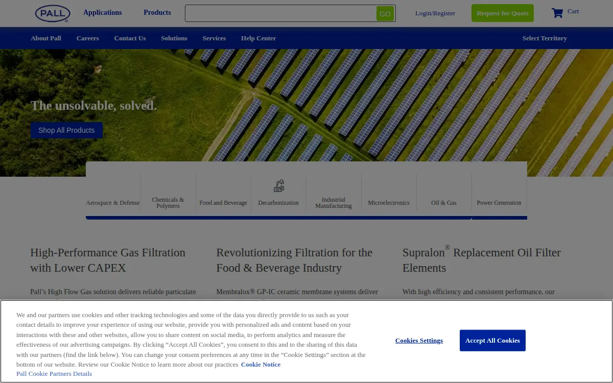 Homepage of Pall Corporation