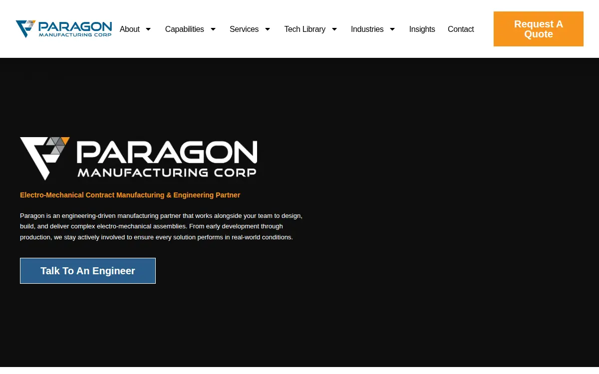 Homepage of Paragon Manufacturing LLC