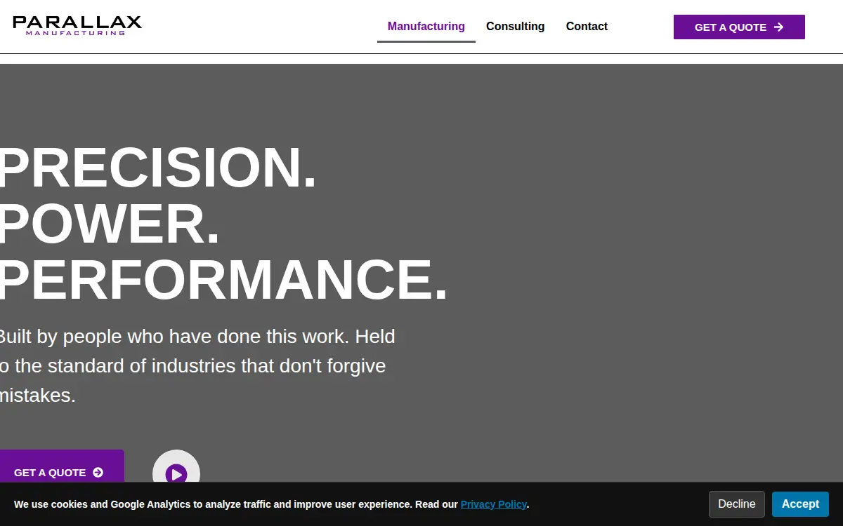 Homepage of Parallax Manufacturing LLC