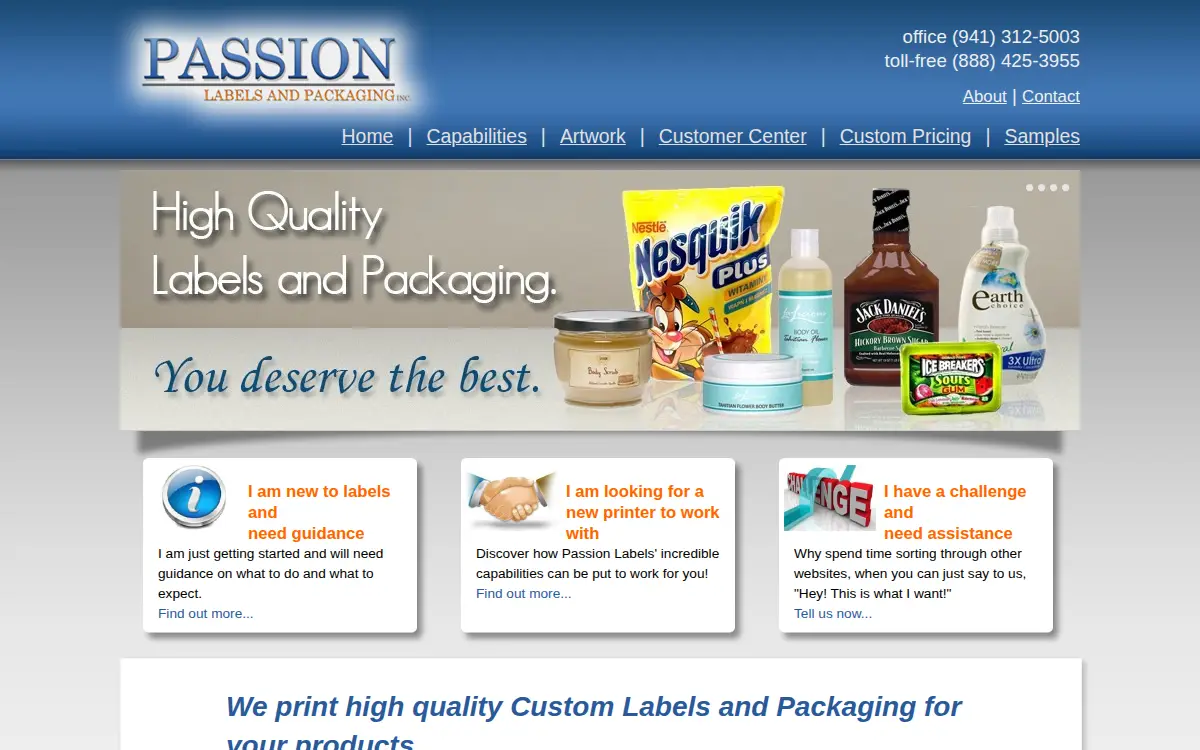 Homepage of Passion Labels & Packaging INC