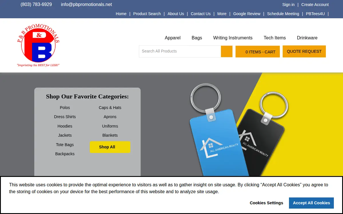 Homepage of P & B Promotionals, LLC