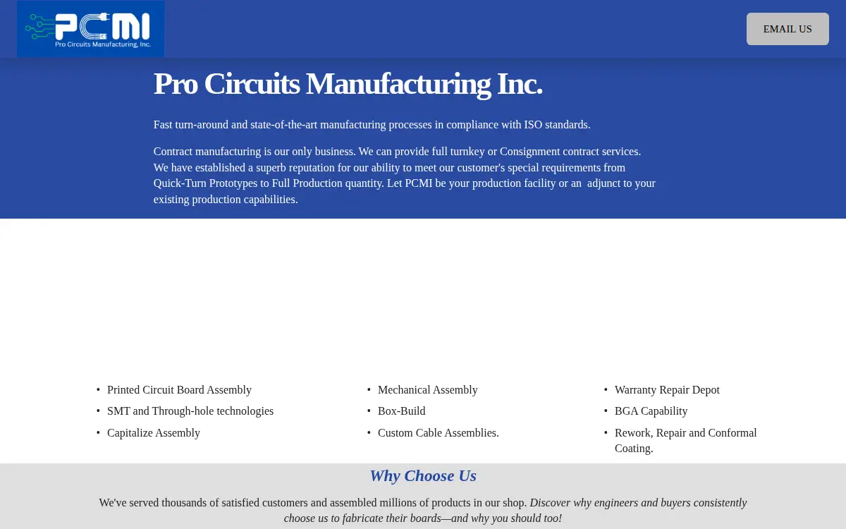 Homepage of Pro Circuits Manufacturing, INC.