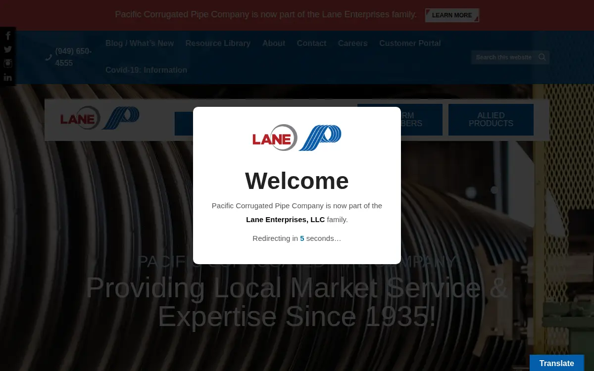 Homepage of Pacific Corrugated Pipe Company, LLC