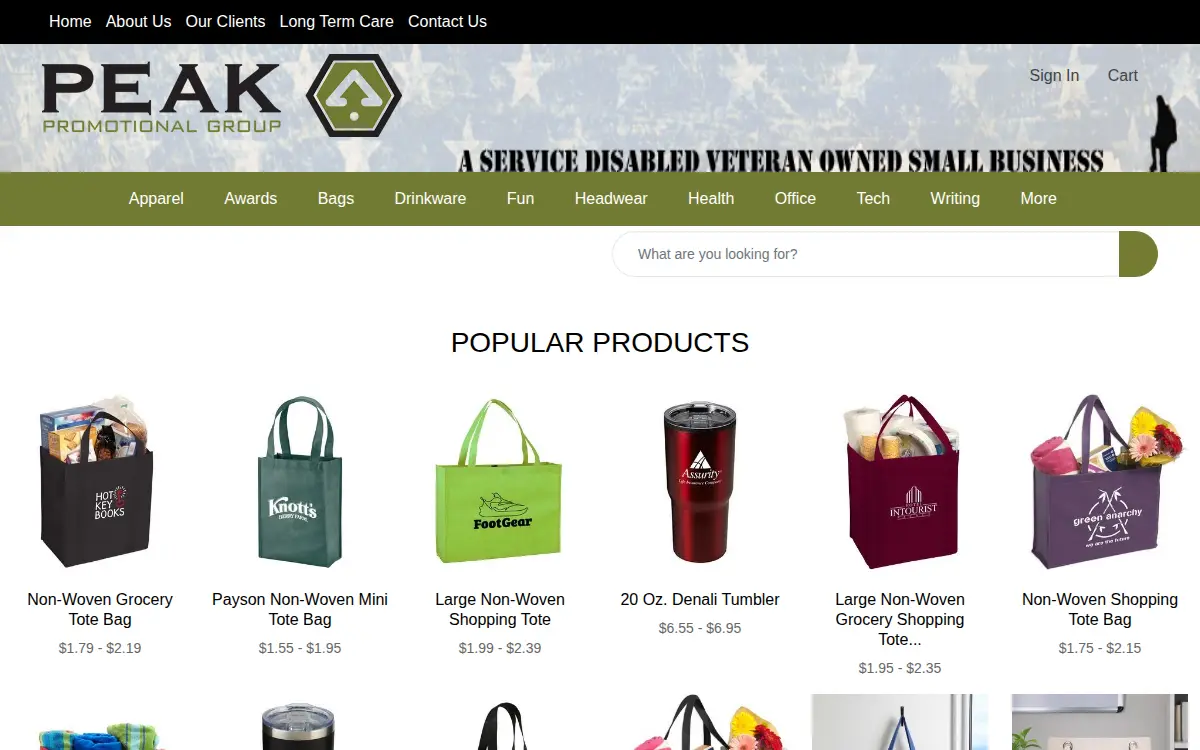 Homepage of Peak Promotional Group LLC
