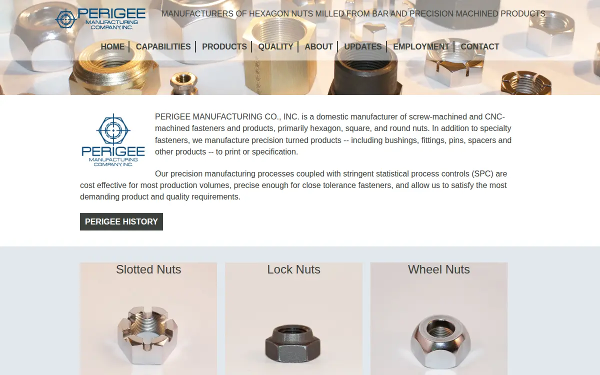 Homepage of Perigee Manufacturing CO INC