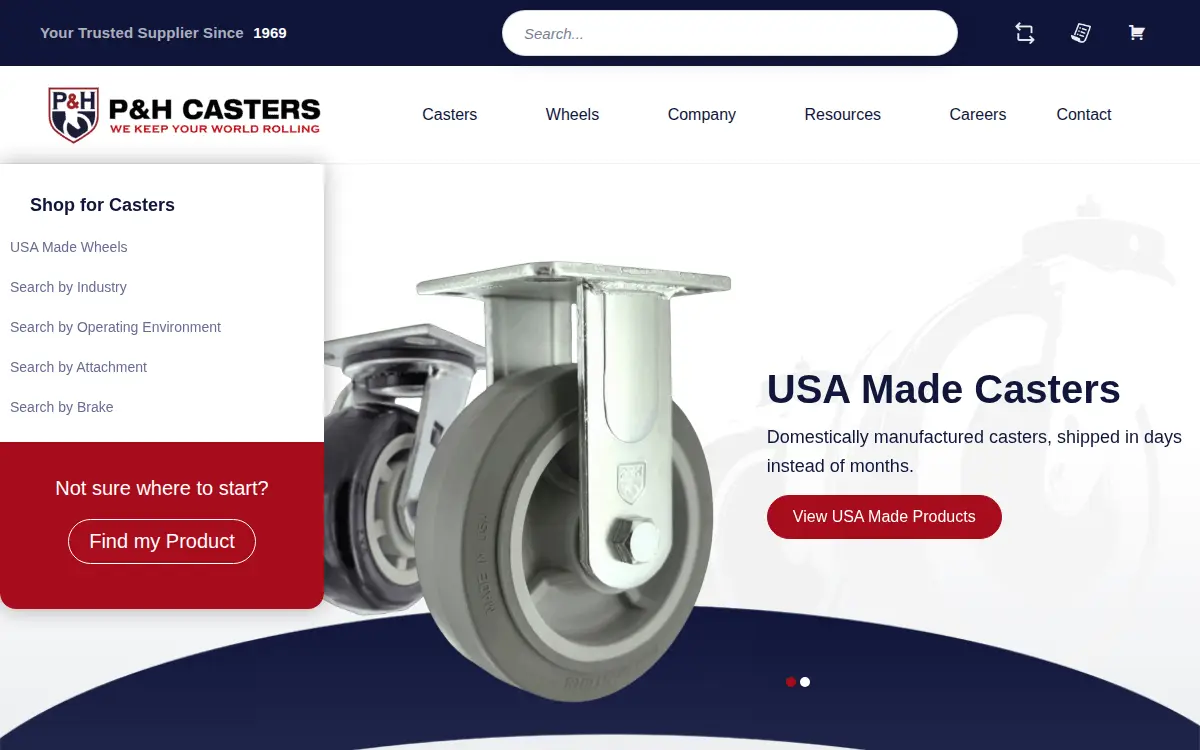 Homepage of P & H Casters Company, INC.