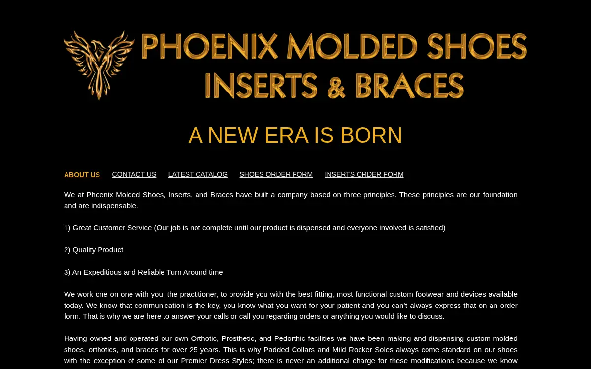 Homepage of Phoenix Molded Shoes, Inserts, and Braces, LLC