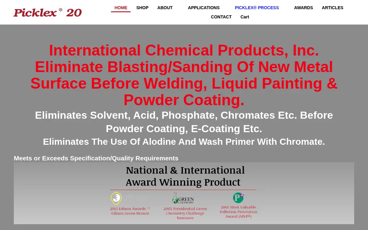 Homepage of International Chemical Products, INC