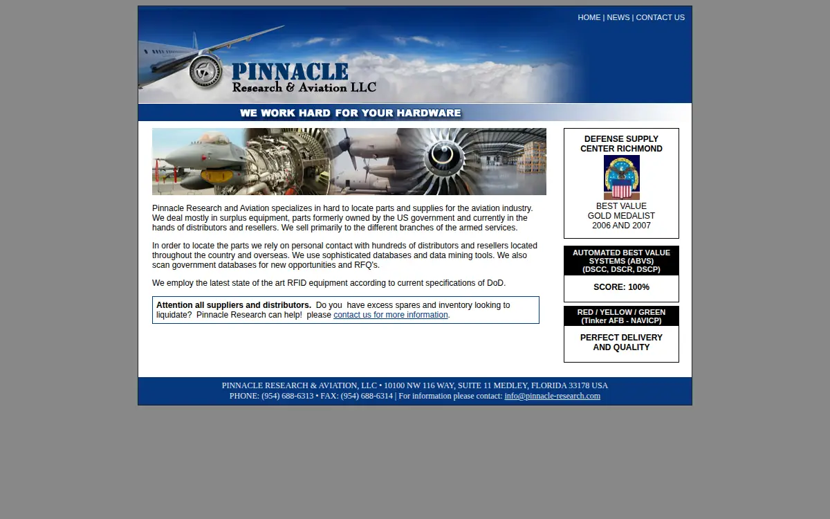 Homepage of Pinnacle Research and Aviation, LLC