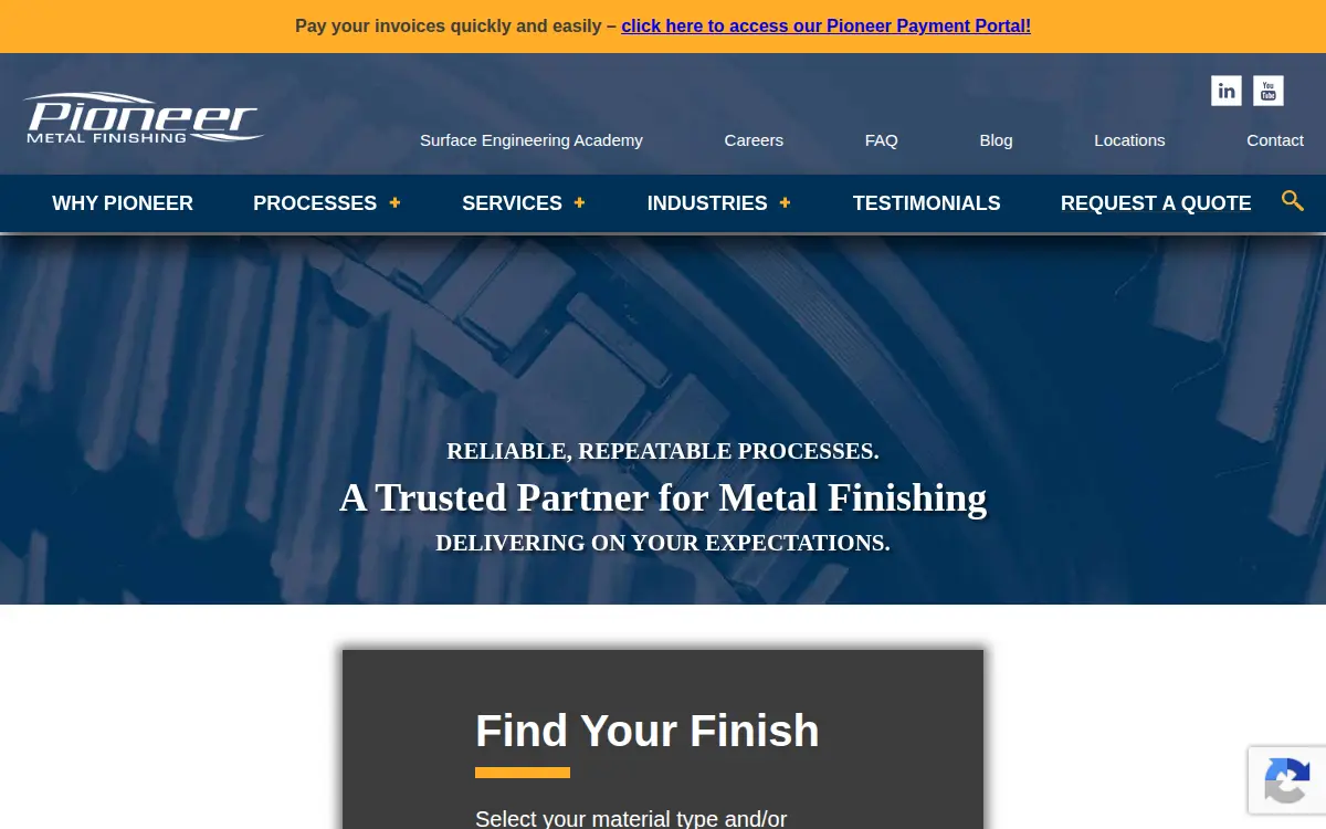 Homepage of Pioneer Metal Finishing LLC