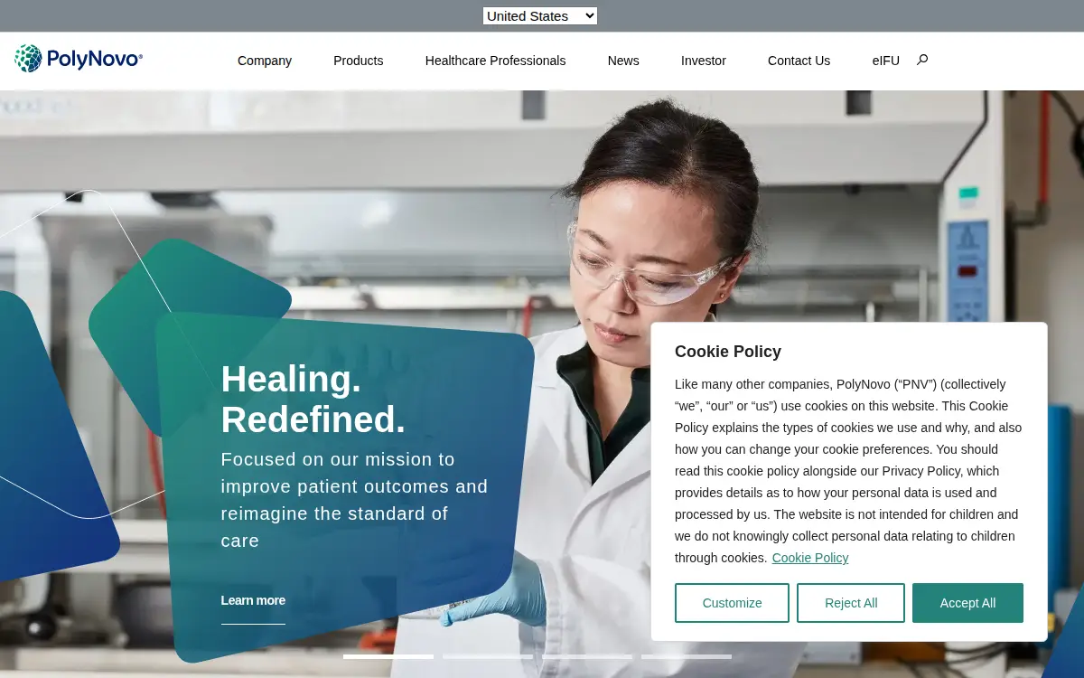 Homepage of Polynovo North America LLC