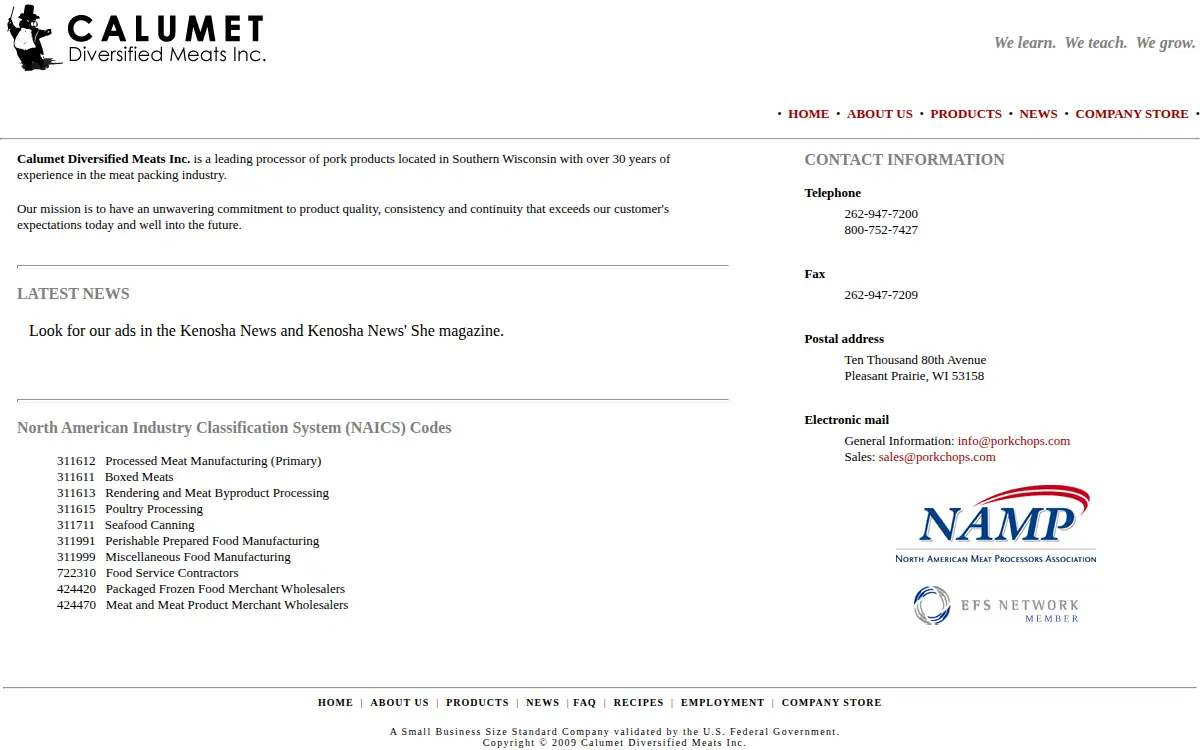 Homepage of Calumet Diversified Meats INC.