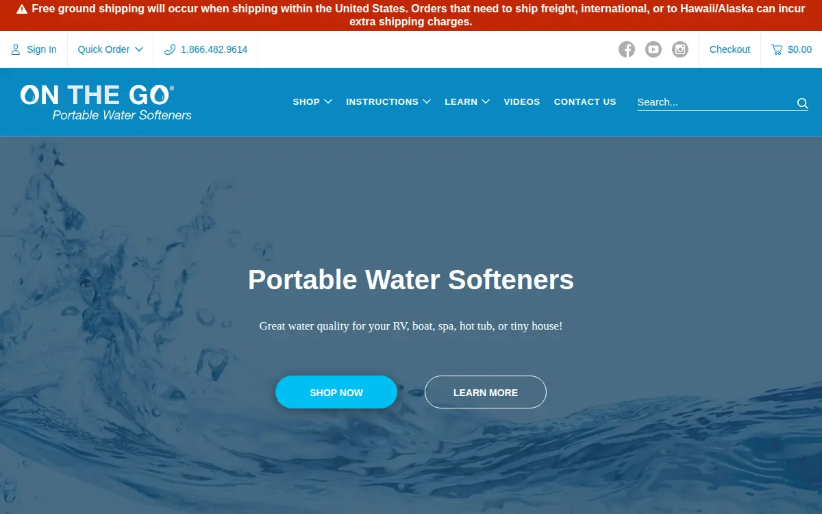 Homepage of On the Go Portable Water Softener, LLC