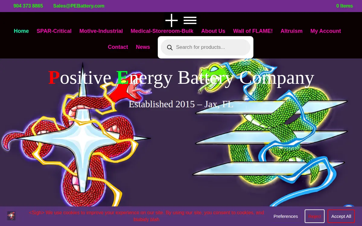 Homepage of Positive Energy Battery Company, LLC