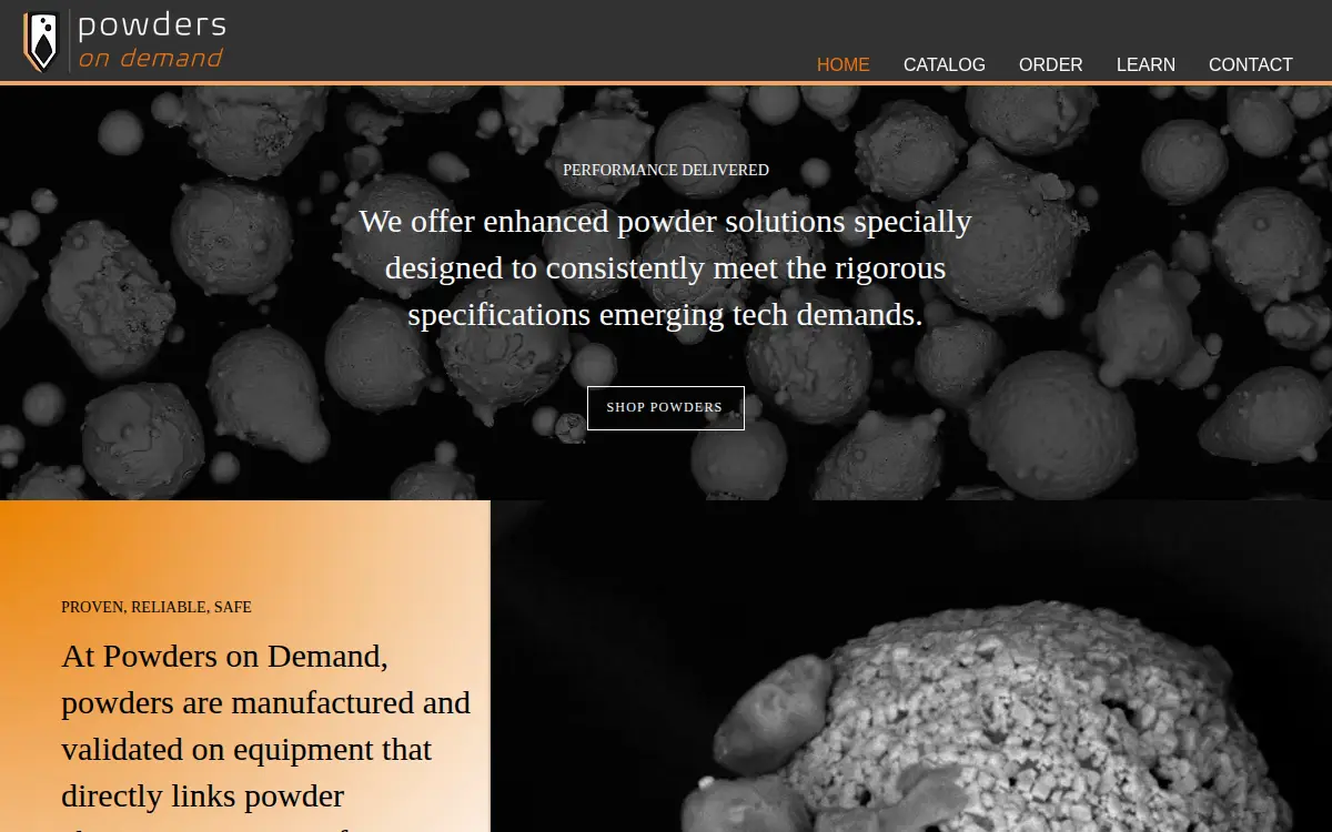 Homepage of Powders on Demand LLC