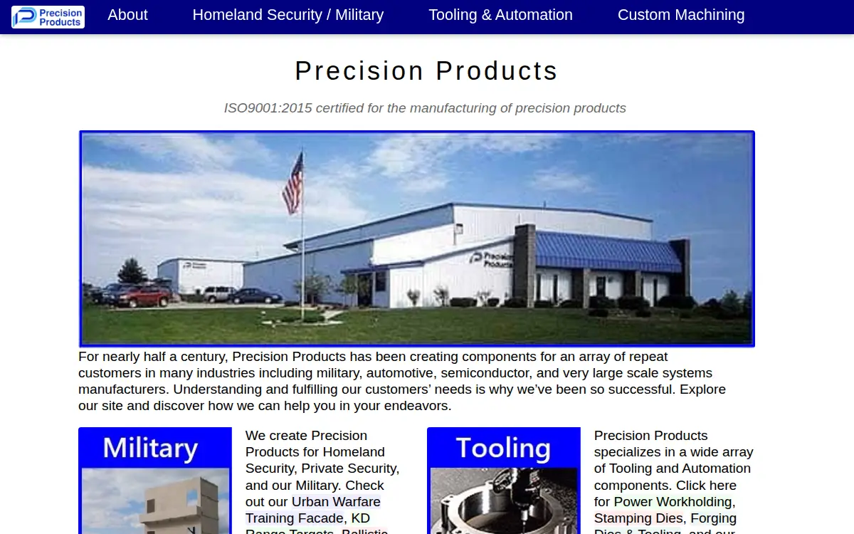 Homepage of Precision Products, INC.