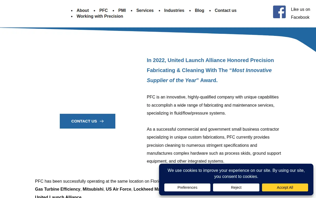 Homepage of Precision Fabricating & Cleaning Company, INC.