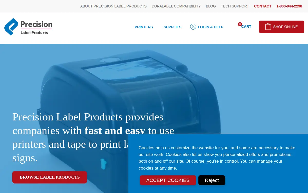 Homepage of Precision Label Products, INC