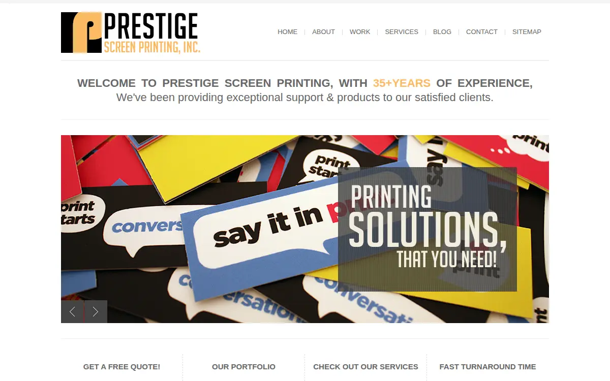 Homepage of Prestige Screen Printing, INC.