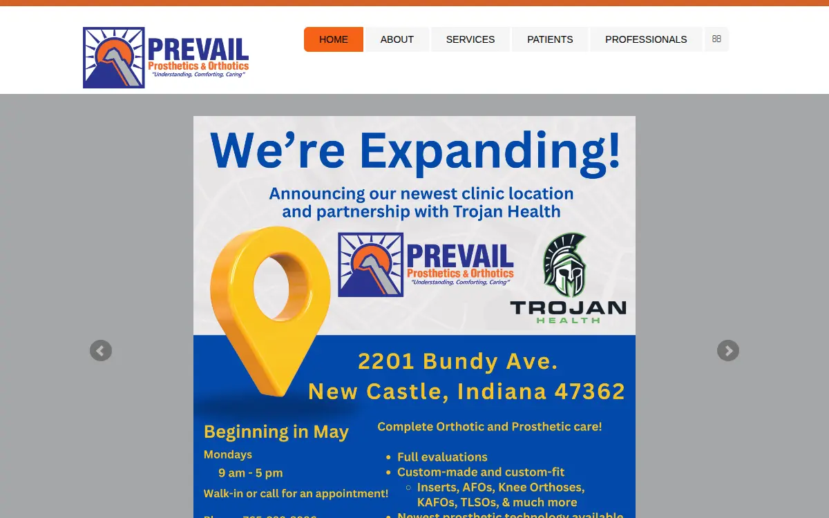 Homepage of Prevail Prosthetics & Orthotics, INC.