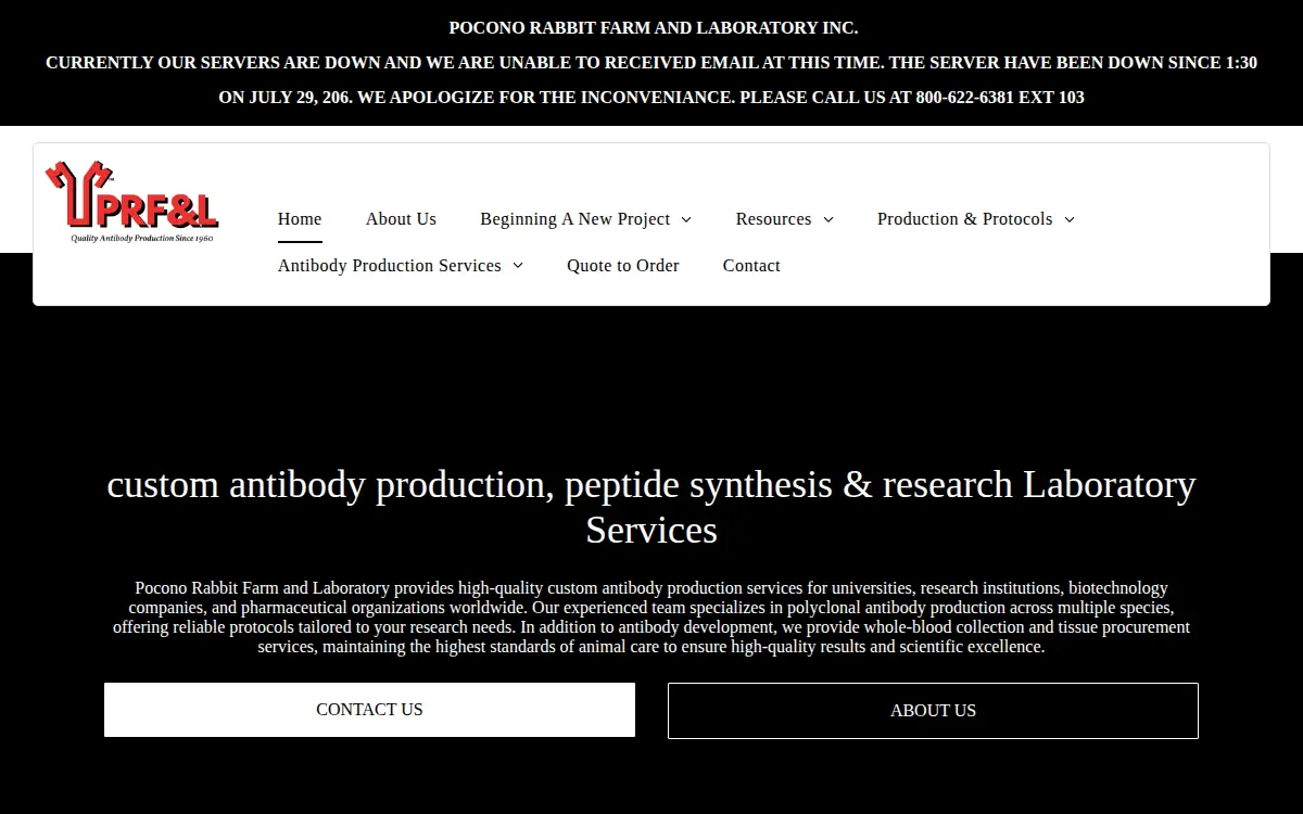 Homepage of Pocono Rabbit Farm and Laboratory, INC.